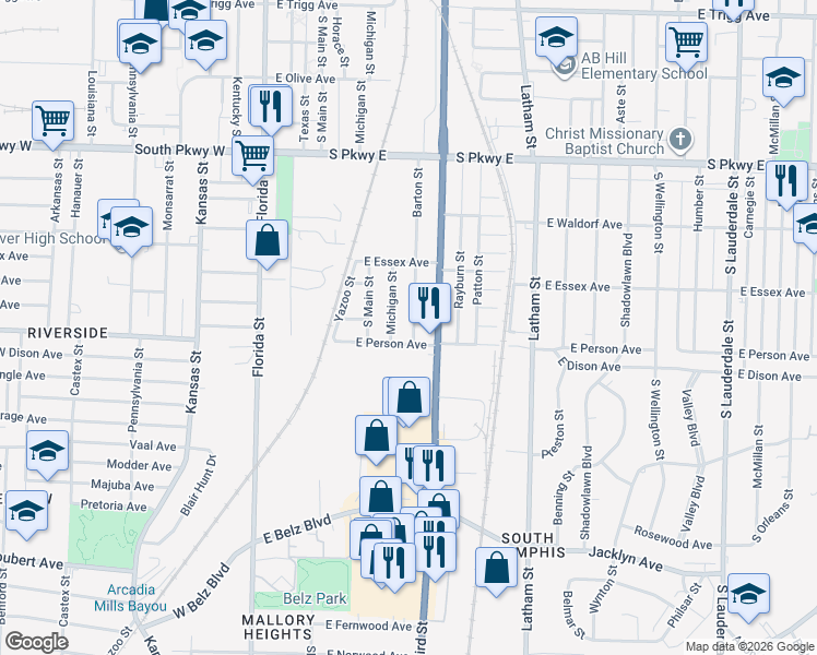 map of restaurants, bars, coffee shops, grocery stores, and more near 1669 Barton Street in Memphis