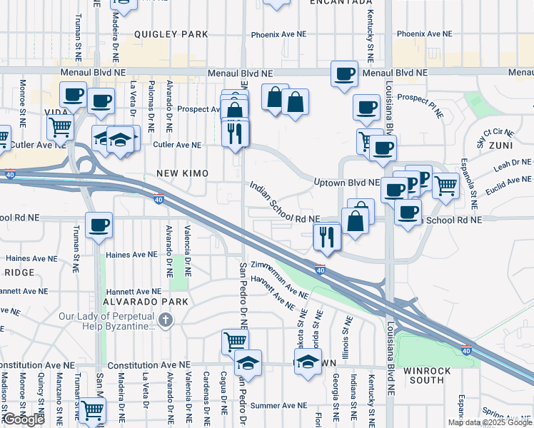 map of restaurants, bars, coffee shops, grocery stores, and more near 6200 Indian School Road Northeast in Albuquerque