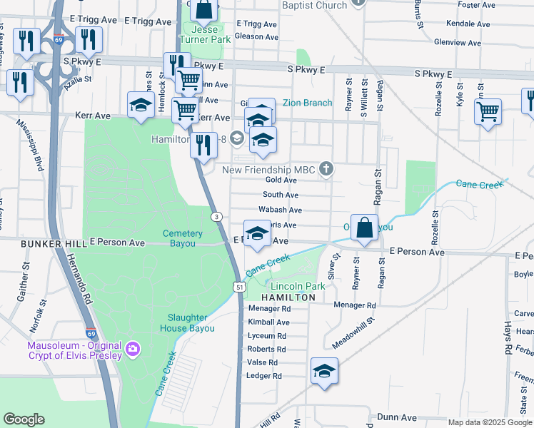 map of restaurants, bars, coffee shops, grocery stores, and more near 1385 Doris Avenue in Memphis