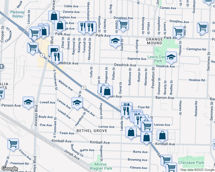 map of restaurants, bars, coffee shops, grocery stores, and more near 1602 Dallas Street in Memphis