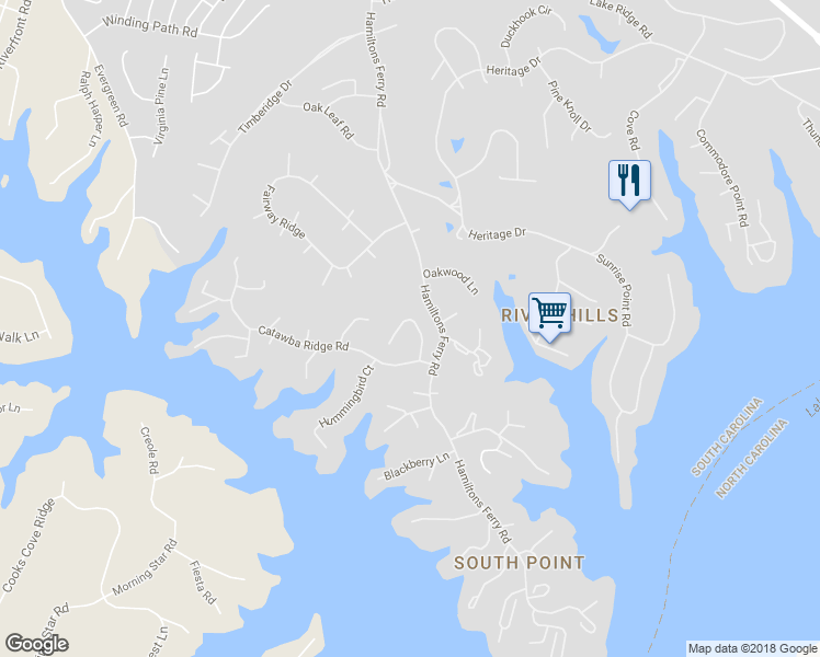 map of restaurants, bars, coffee shops, grocery stores, and more near 32 Catawba Ridge Court in Clover