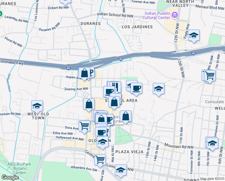 map of restaurants, bars, coffee shops, grocery stores, and more near 2000 Zearing Avenue Northwest in Albuquerque