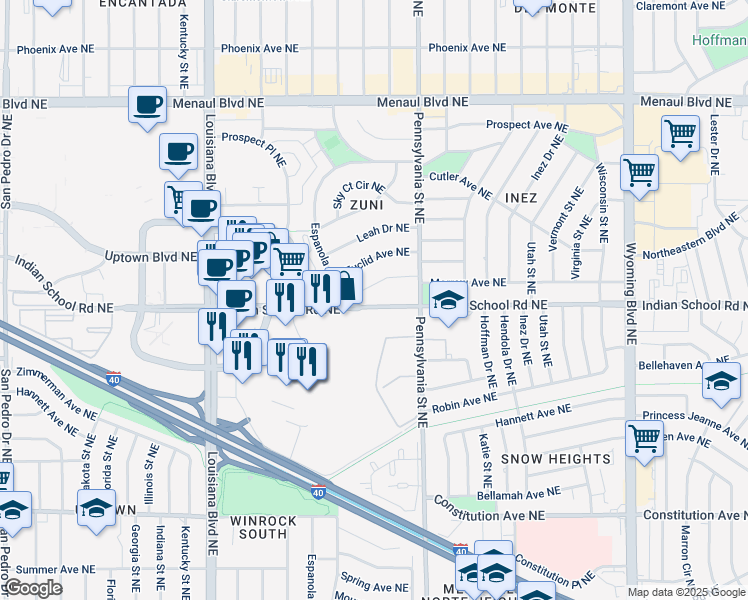 map of restaurants, bars, coffee shops, grocery stores, and more near 7500 Indian School Road Northeast in Albuquerque