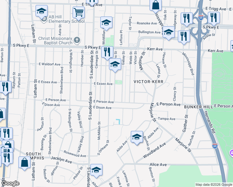 map of restaurants, bars, coffee shops, grocery stores, and more near 1644 South Orleans Street in Memphis