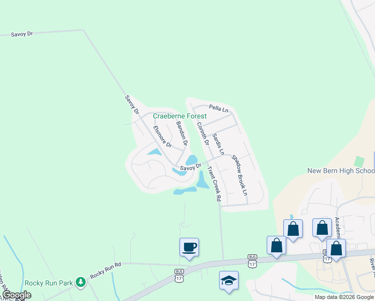 map of restaurants, bars, coffee shops, grocery stores, and more near Savoy Drive in New Bern