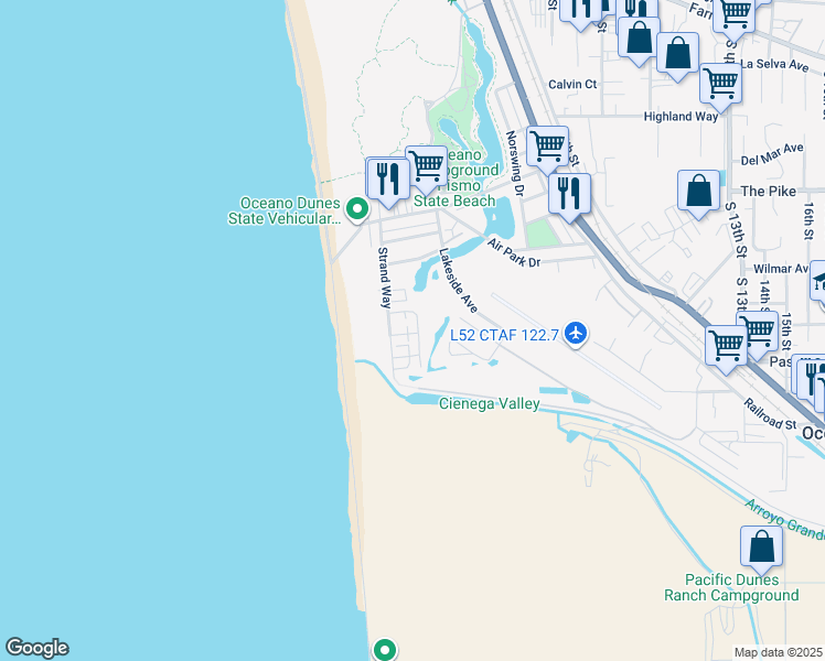 map of restaurants, bars, coffee shops, grocery stores, and more near 1670 Laguna Drive in Oceano