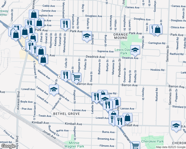 map of restaurants, bars, coffee shops, grocery stores, and more near 1600 David Street in Memphis
