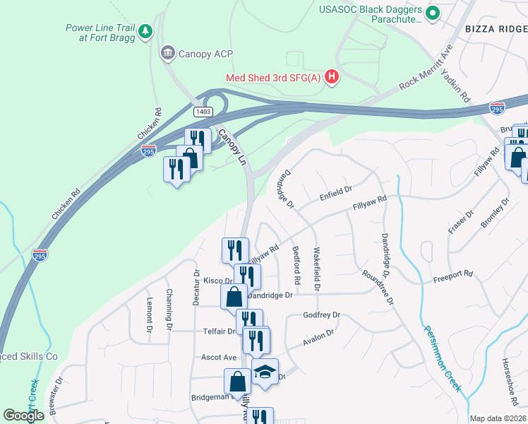 map of restaurants, bars, coffee shops, grocery stores, and more near 845 Applewood Lane in Fayetteville