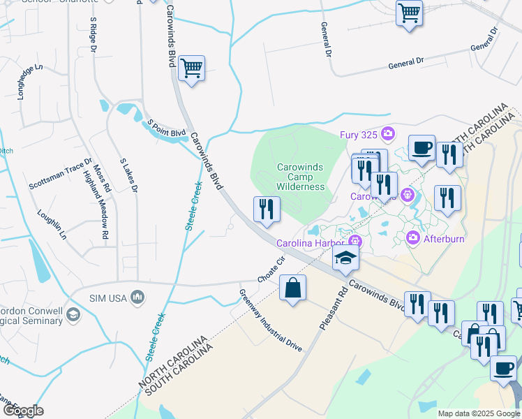 map of restaurants, bars, coffee shops, grocery stores, and more near 14401 Carowinds Boulevard in Charlotte