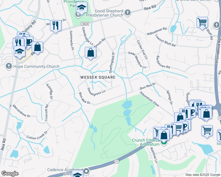 map of restaurants, bars, coffee shops, grocery stores, and more near 3708 Bon-Rea Drive in Charlotte