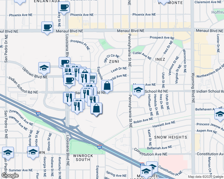 map of restaurants, bars, coffee shops, grocery stores, and more near 7406 Morrow Avenue Northeast in Albuquerque