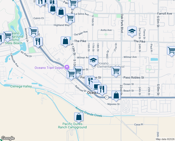 map of restaurants, bars, coffee shops, grocery stores, and more near 1610 16th Street in Oceano