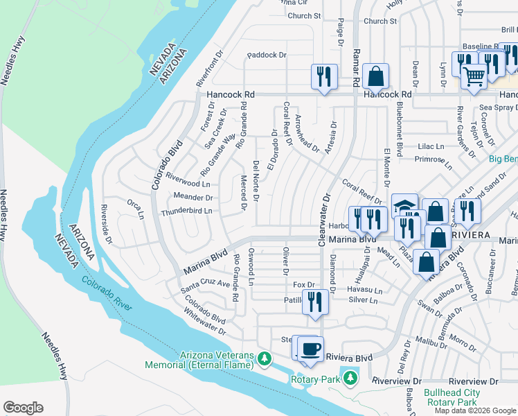 map of restaurants, bars, coffee shops, grocery stores, and more near 385 Harbor Drive in Bullhead City