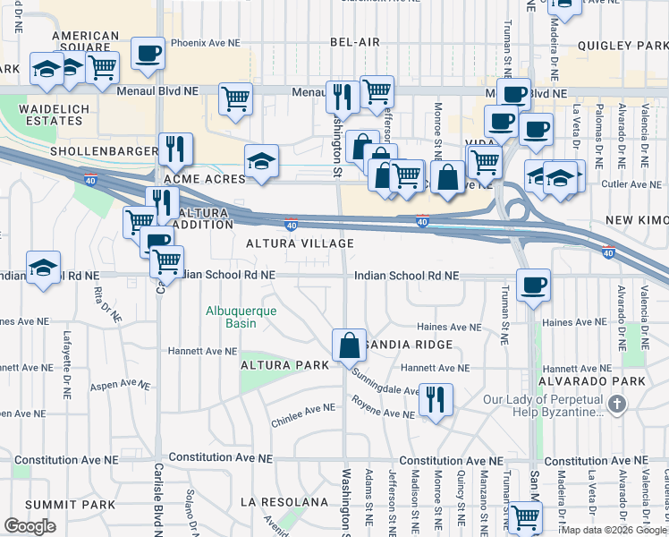 map of restaurants, bars, coffee shops, grocery stores, and more near 4304 Vía De Luna Northeast in Albuquerque