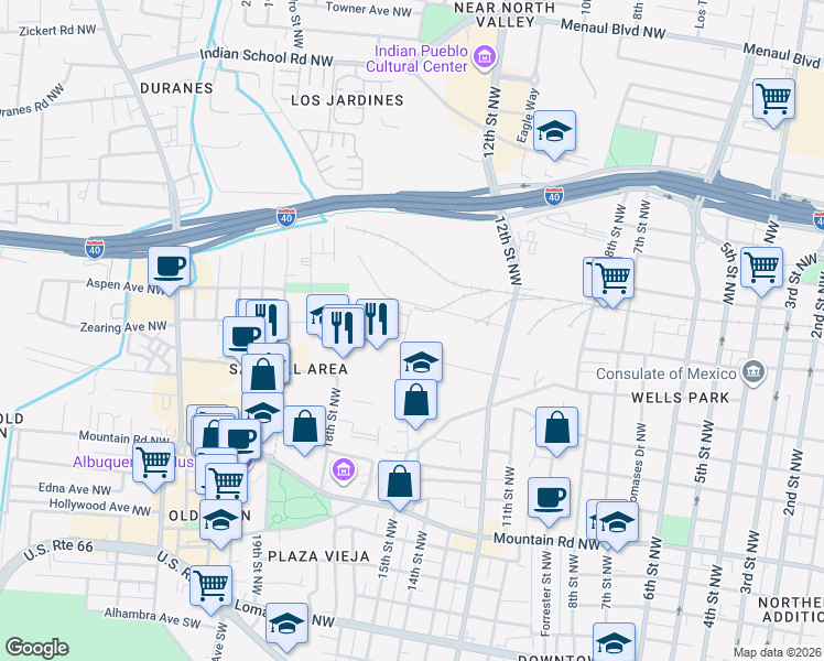 map of restaurants, bars, coffee shops, grocery stores, and more near 1400 Lumberton Drive Northwest in Albuquerque