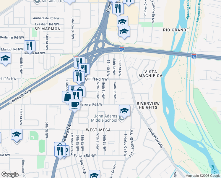 map of restaurants, bars, coffee shops, grocery stores, and more near 1425 55th Street Northwest in Albuquerque