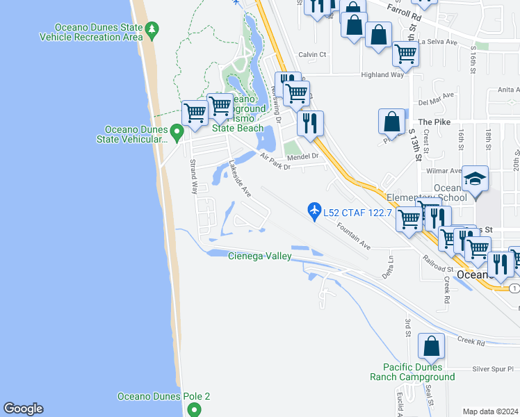 map of restaurants, bars, coffee shops, grocery stores, and more near 590 Honolulu Avenue in Oceano