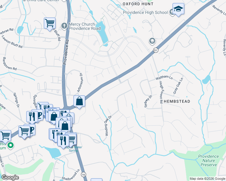 map of restaurants, bars, coffee shops, grocery stores, and more near 2300 Oakmeade Drive in Charlotte