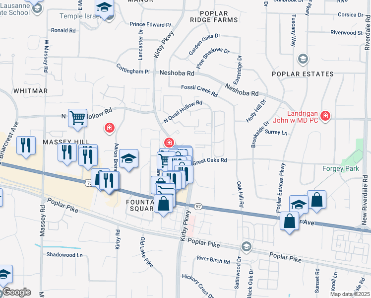 map of restaurants, bars, coffee shops, grocery stores, and more near 1717 Ridge Oak Place in Memphis