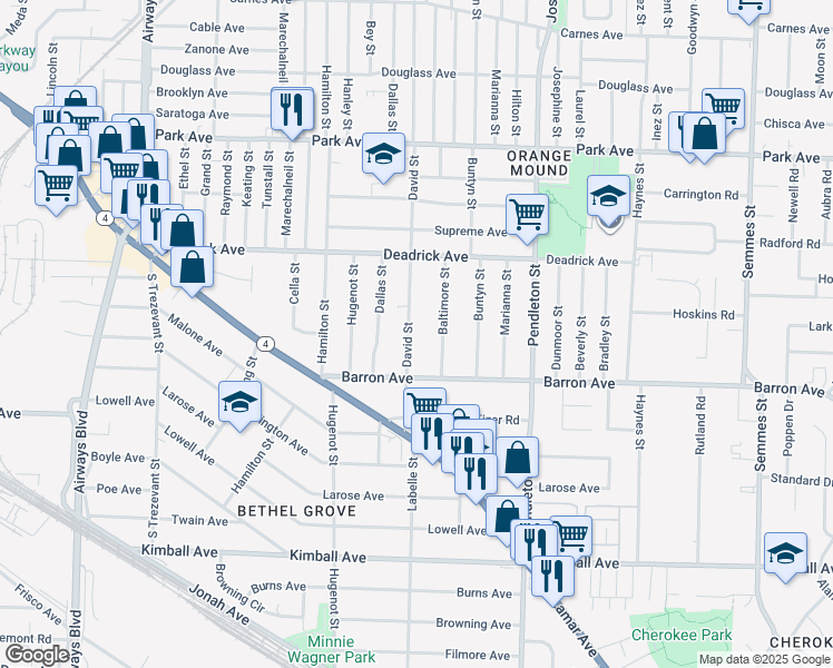 map of restaurants, bars, coffee shops, grocery stores, and more near 1600 David Street in Memphis
