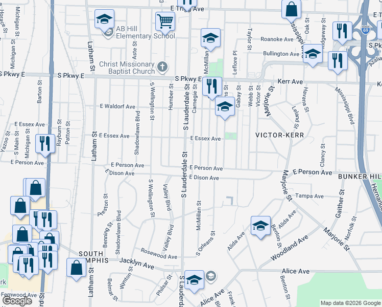 map of restaurants, bars, coffee shops, grocery stores, and more near 1667 Carnegie Street in Memphis