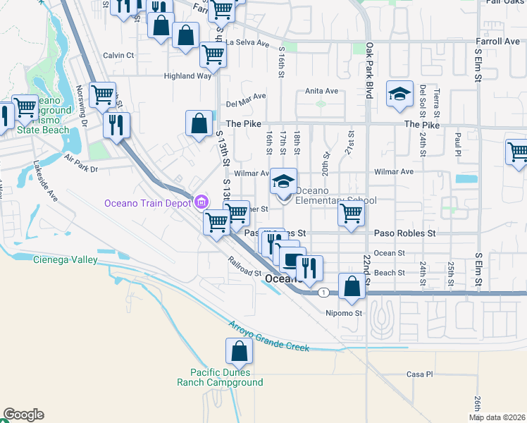 map of restaurants, bars, coffee shops, grocery stores, and more near 1610 16th Street in Oceano