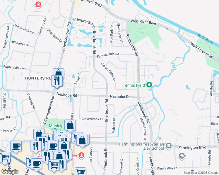 map of restaurants, bars, coffee shops, grocery stores, and more near 7954 Neshoba Road in Memphis