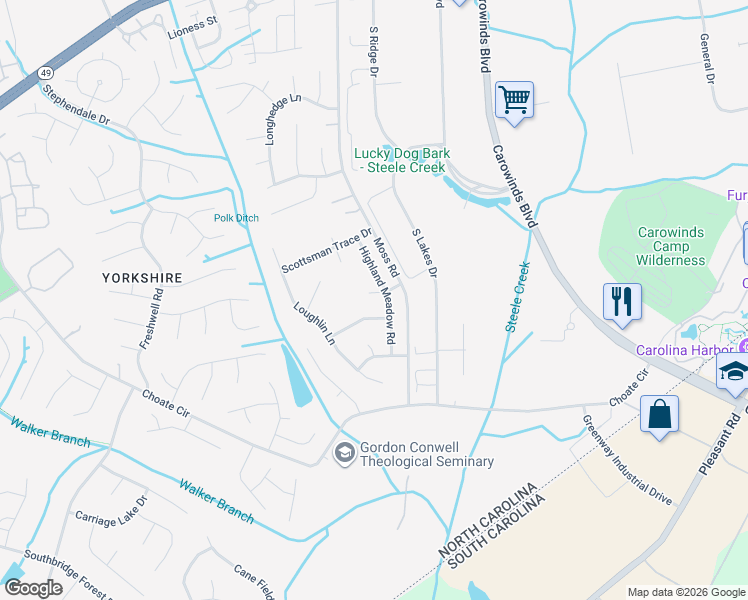 map of restaurants, bars, coffee shops, grocery stores, and more near 14706 Vaughan Drive in Charlotte
