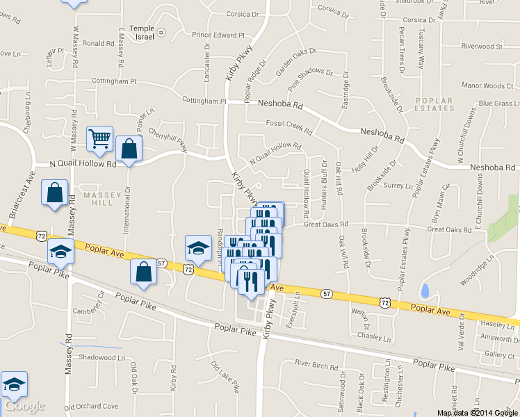 map of restaurants, bars, coffee shops, grocery stores, and more near 1717 Ridge Oak Place in Memphis
