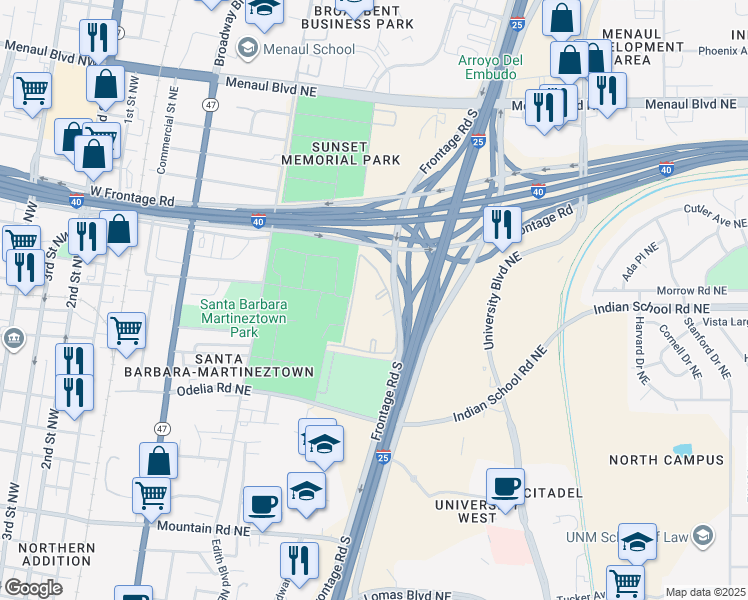 map of restaurants, bars, coffee shops, grocery stores, and more near 801 Locust Place in Albuquerque