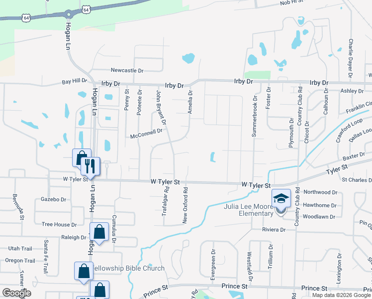map of restaurants, bars, coffee shops, grocery stores, and more near 1725 Amelia Drive in Conway