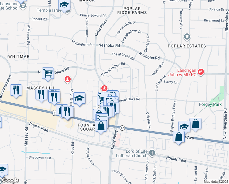 map of restaurants, bars, coffee shops, grocery stores, and more near 6720 Majestic Oak Place in Memphis