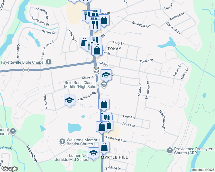 map of restaurants, bars, coffee shops, grocery stores, and more near 3200 Ramsey Street in Fayetteville