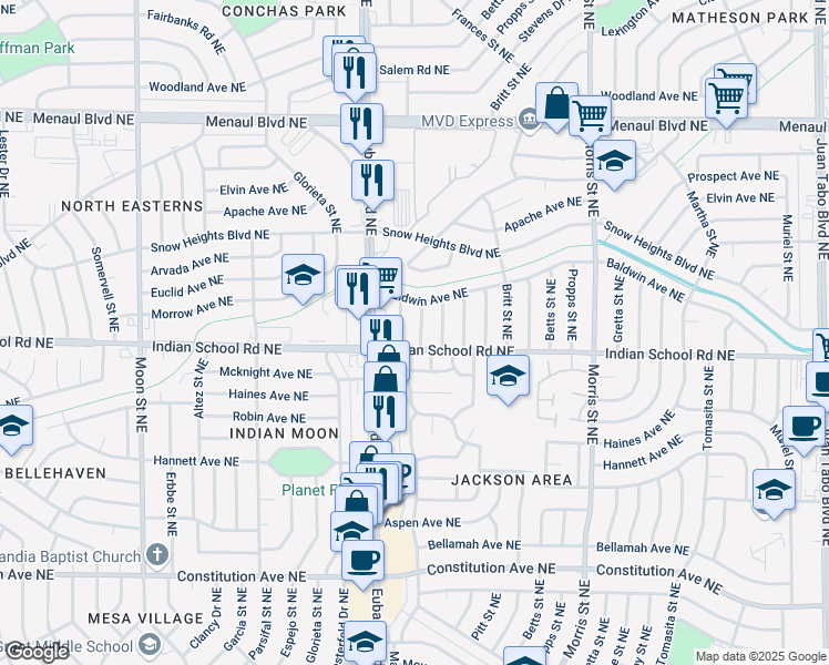 map of restaurants, bars, coffee shops, grocery stores, and more near 1824 Mary Ellen Street Northeast in Albuquerque