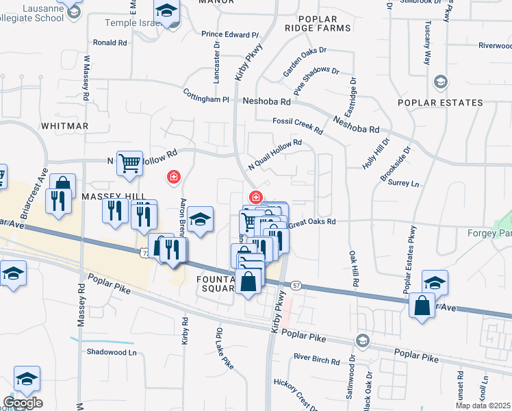 map of restaurants, bars, coffee shops, grocery stores, and more near 1665 Randolph Pl in Memphis