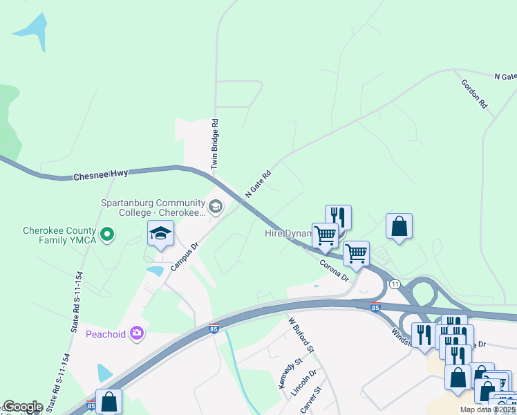 map of restaurants, bars, coffee shops, grocery stores, and more near 508 Chesnee Highway in Gaffney