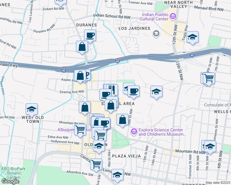 map of restaurants, bars, coffee shops, grocery stores, and more near 2000 Zearing Avenue Northwest in Albuquerque