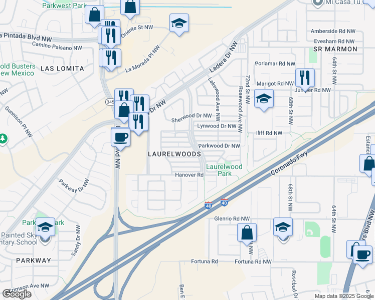 map of restaurants, bars, coffee shops, grocery stores, and more near 7700 Pinewood Drive Northwest in Albuquerque