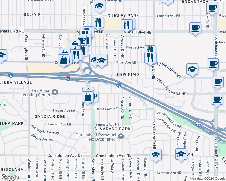 map of restaurants, bars, coffee shops, grocery stores, and more near 2204 Palomas Drive Northeast in Albuquerque