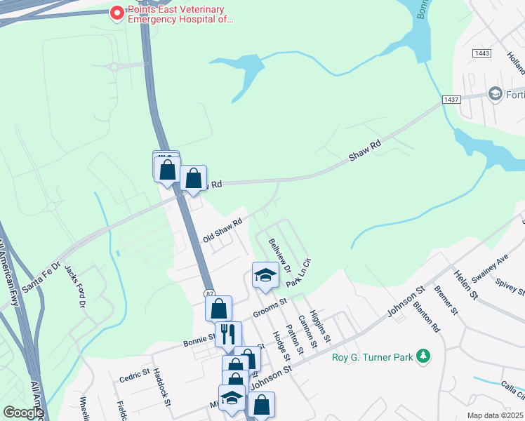 map of restaurants, bars, coffee shops, grocery stores, and more near 355-409 Old Shaw Road in Fayetteville