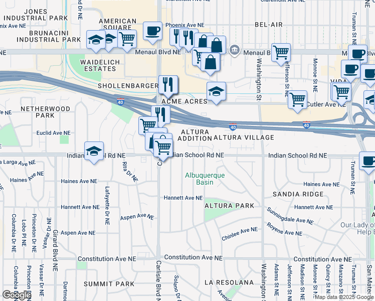 map of restaurants, bars, coffee shops, grocery stores, and more near 3901 Indian School Road Northeast in Albuquerque