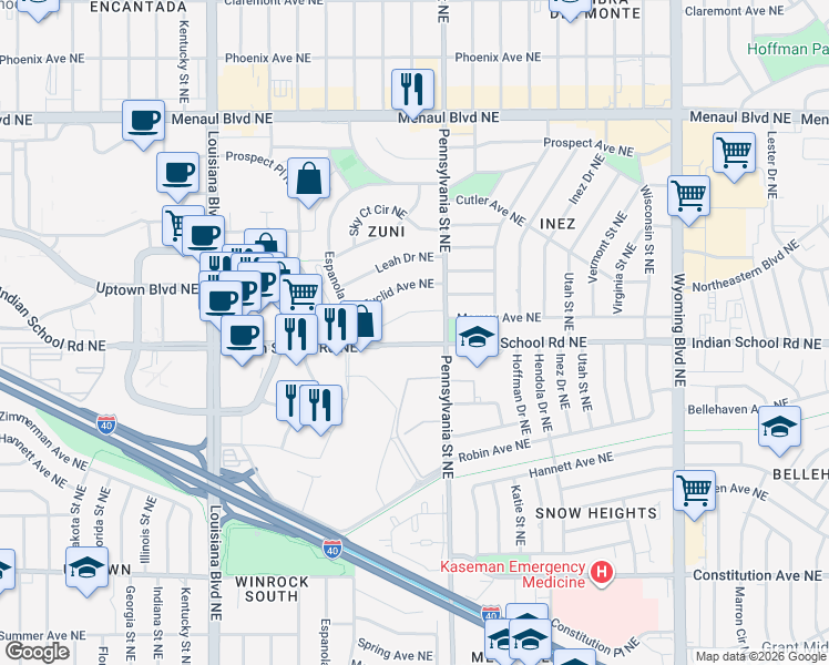 map of restaurants, bars, coffee shops, grocery stores, and more near 7505 Morrow Avenue Northeast in Albuquerque
