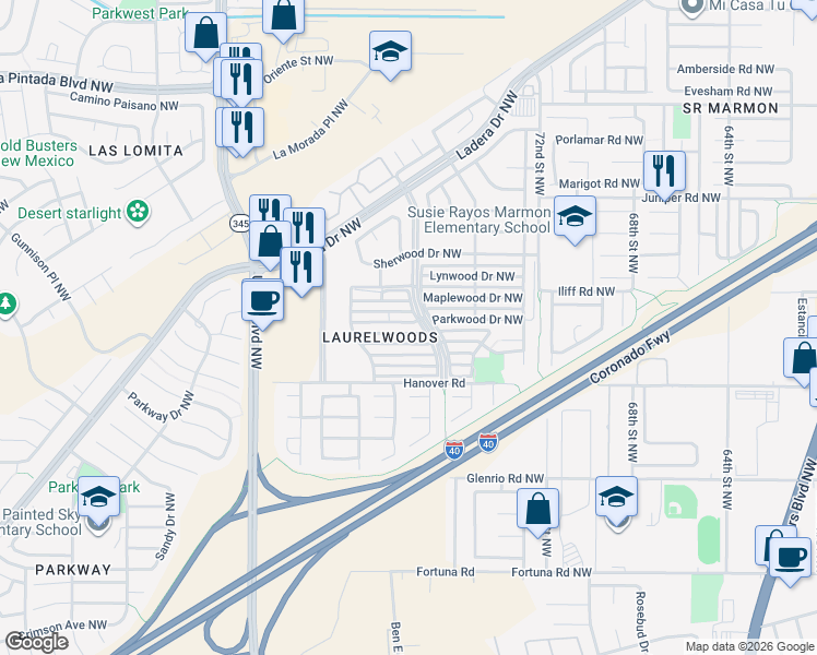 map of restaurants, bars, coffee shops, grocery stores, and more near 7700 Pinewood Drive Northwest in Albuquerque