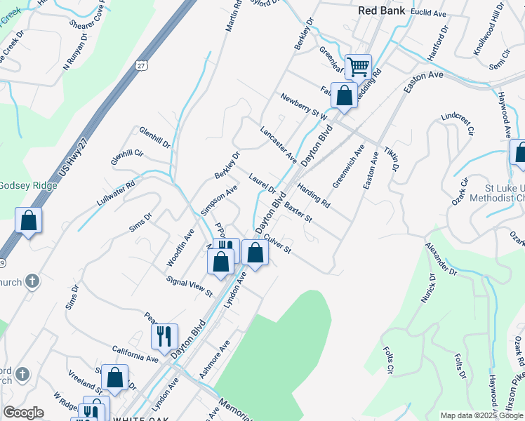 map of restaurants, bars, coffee shops, grocery stores, and more near 104 Laurel Drive in Chattanooga