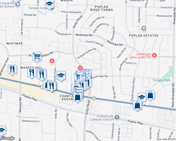 map of restaurants, bars, coffee shops, grocery stores, and more near 6720 Majestic Oak Place in Memphis