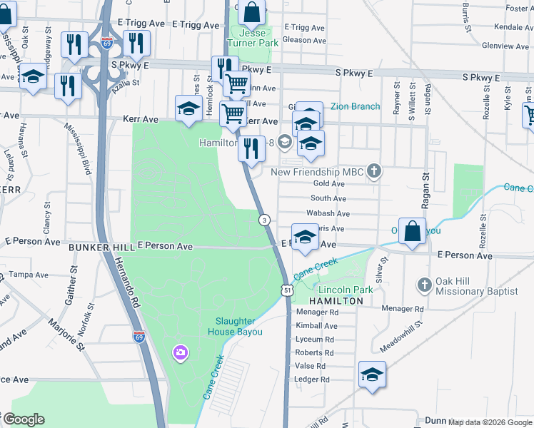 map of restaurants, bars, coffee shops, grocery stores, and more near 1598 Elvis Presley Boulevard in Memphis