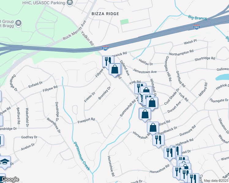 map of restaurants, bars, coffee shops, grocery stores, and more near 3613 Dornoch Drive in Fayetteville