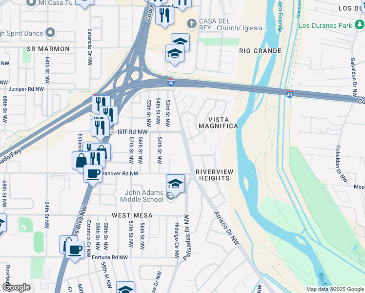 map of restaurants, bars, coffee shops, grocery stores, and more near 5200 Iliff Road Northwest in Albuquerque