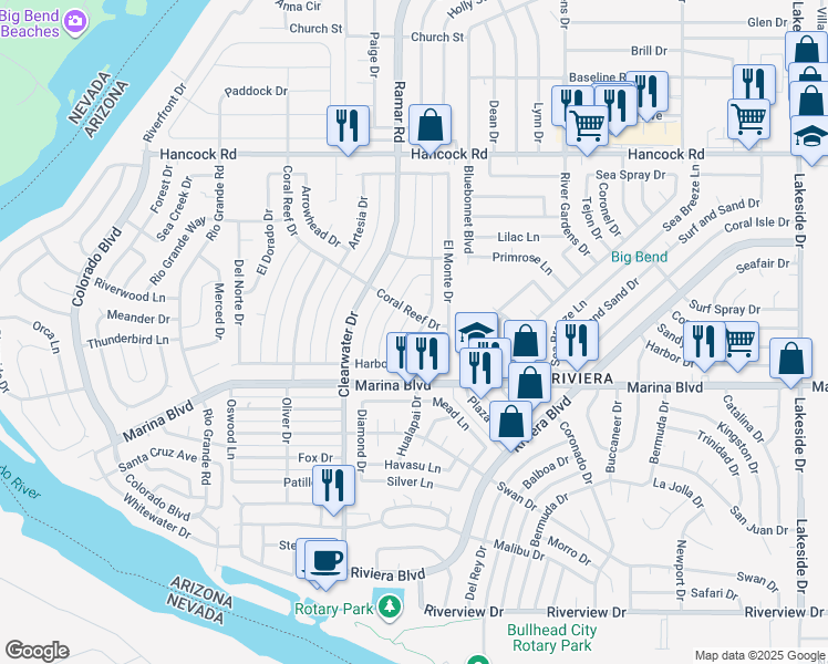 map of restaurants, bars, coffee shops, grocery stores, and more near 1910 Avalon Drive in Bullhead City