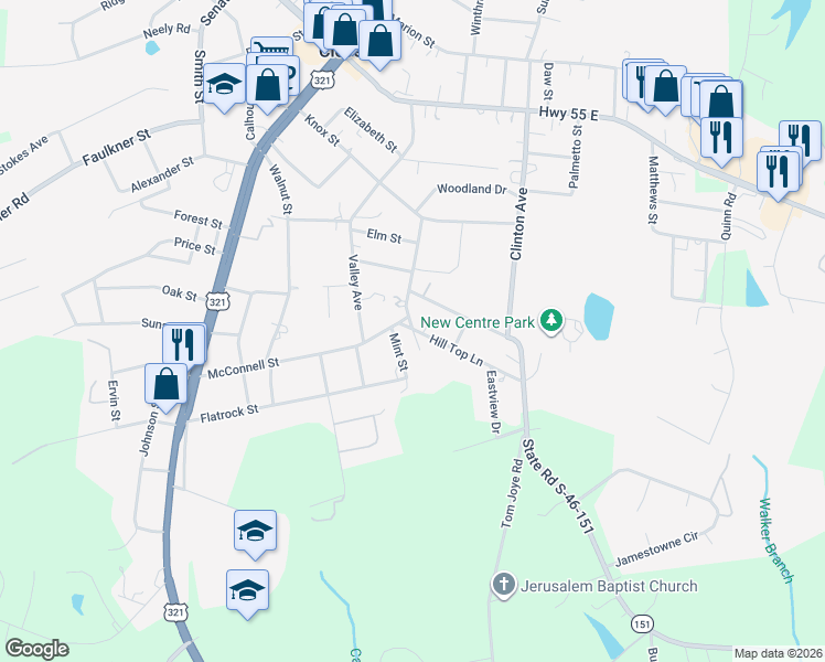 map of restaurants, bars, coffee shops, grocery stores, and more near 105 White Street in Clover